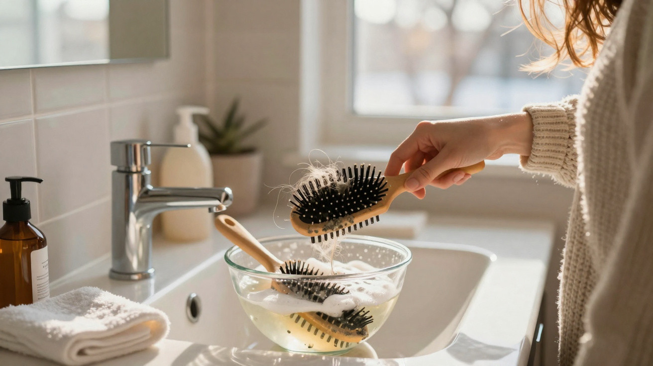 Pessoa a limpar escovas de cabelo com cabelo acumulado numa tigela de água com espuma num lavatório.