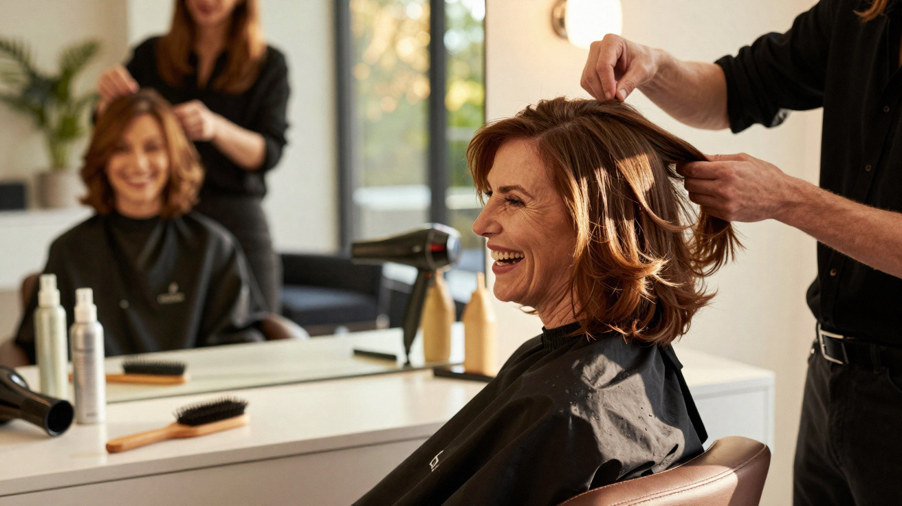 Mulher sorridente a receber penteado num salão de cabeleireiro, com profissional a arrumar o cabelo.
