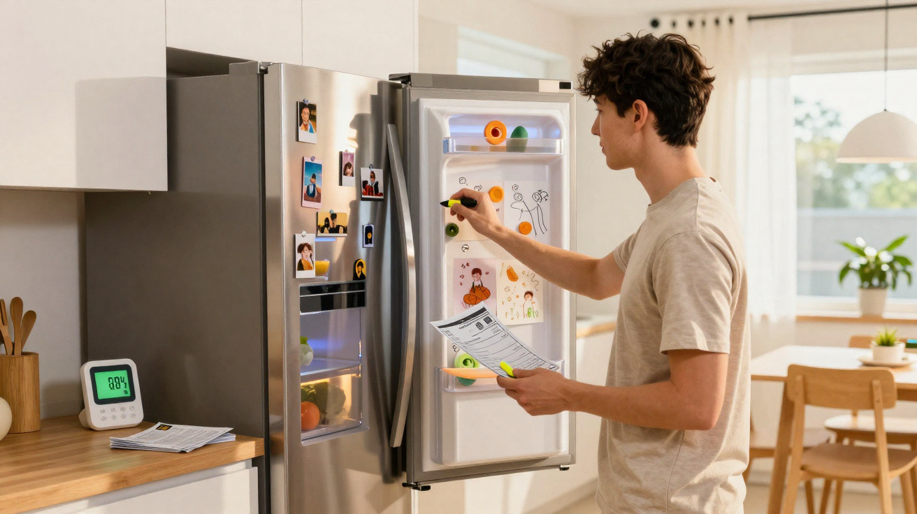 Homem jovem a escrever com marcador num frigorífico aberto numa cozinha moderna iluminada.