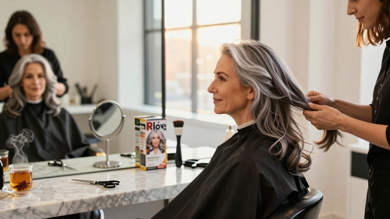 Mulher de cabelo grisalho a ser penteada num salão de cabeleireiro com espelho e chá quente na mesa.