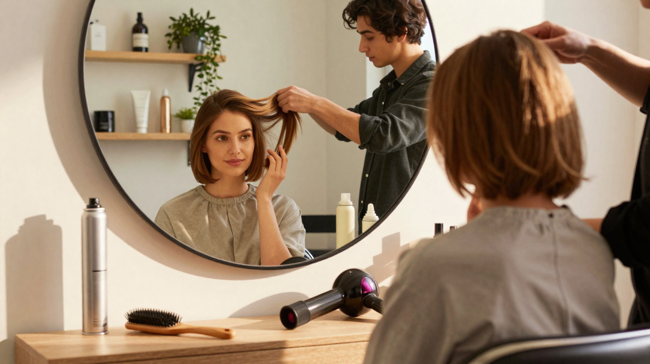 Mulher sentada no cabeleireiro com profissional a arranjar o seu cabelo à frente de um espelho circular.