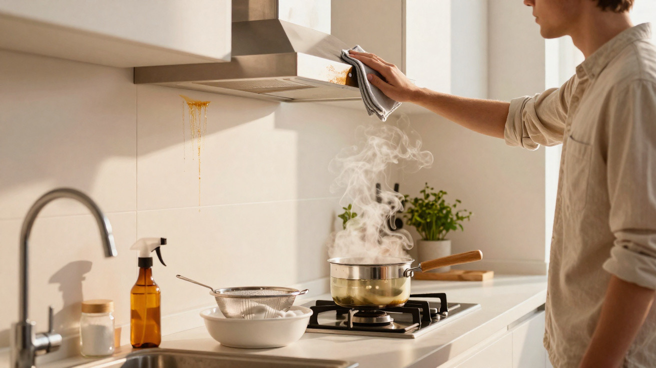 Pessoa a limpar a chapa da cozinha enquanto fERVEDOR emite vapor num fogão a gás numa cozinha moderna e luminosa.