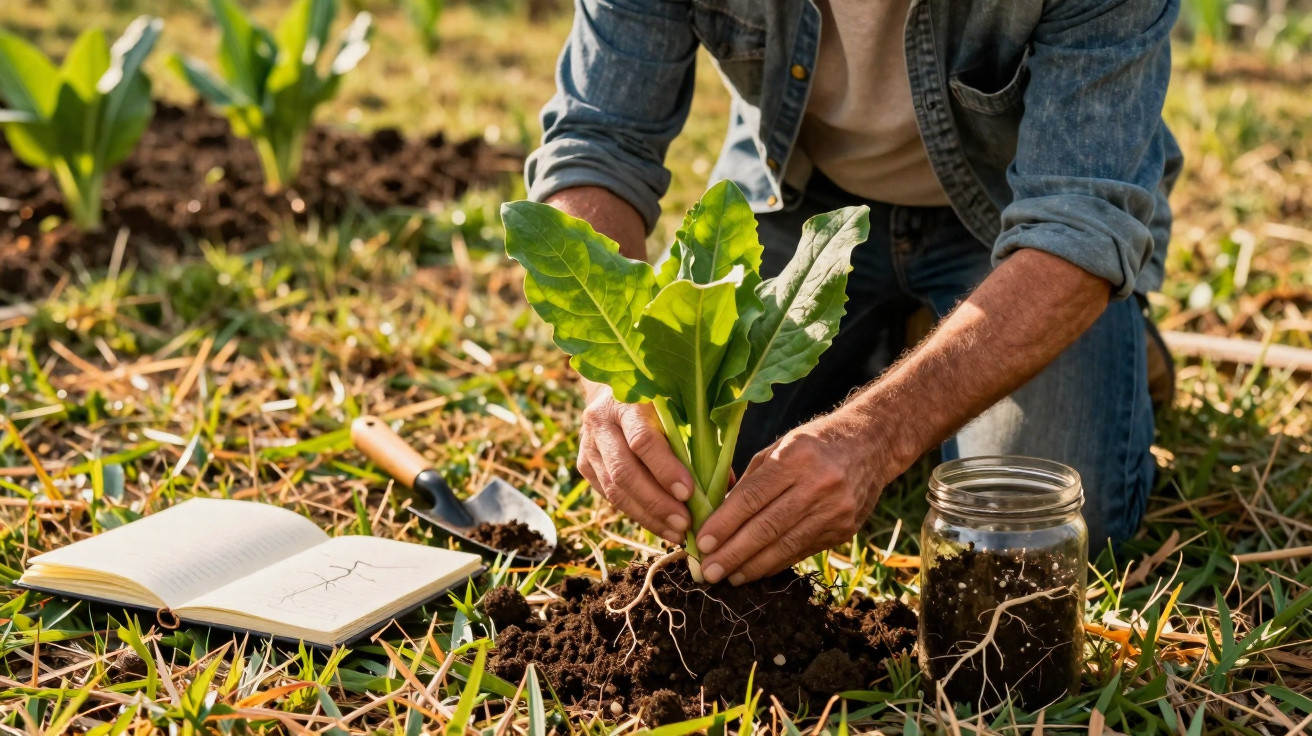 Pessoa a plantar uma muda numa horta com caderno aberto, enxada pequena e frasco com terra ao lado.