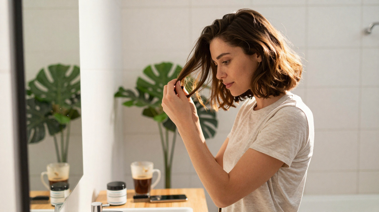 Mulher a cuidar do cabelo em frente ao espelho numa casa de banho com plantas e café.