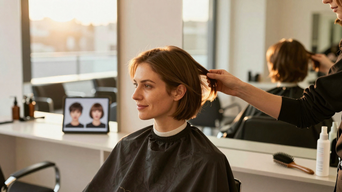 Mulher com capa preta no salão de cabeleireiro a ser atendida, escolhe corte de cabelo num tablet.