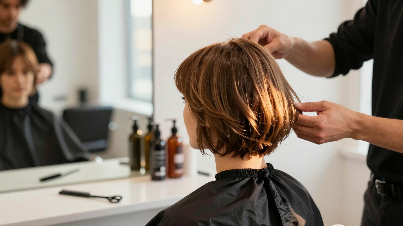 Pessoa com capa preta a receber corte de cabelo curto num salão de cabeleireiro bem iluminado.