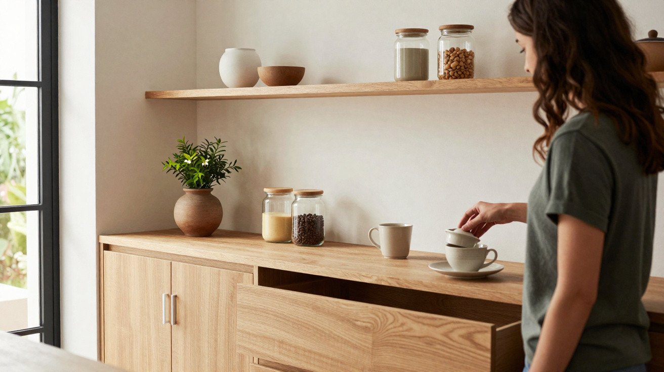 Mulher a preparar café numa cozinha iluminada com móveis de madeira e prateleira com frascos e plantas.
