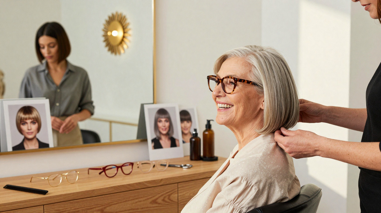 Mulher idosa sorridente num salão de beleza, com cabeleireira a tratar do seu cabelo grisalho.