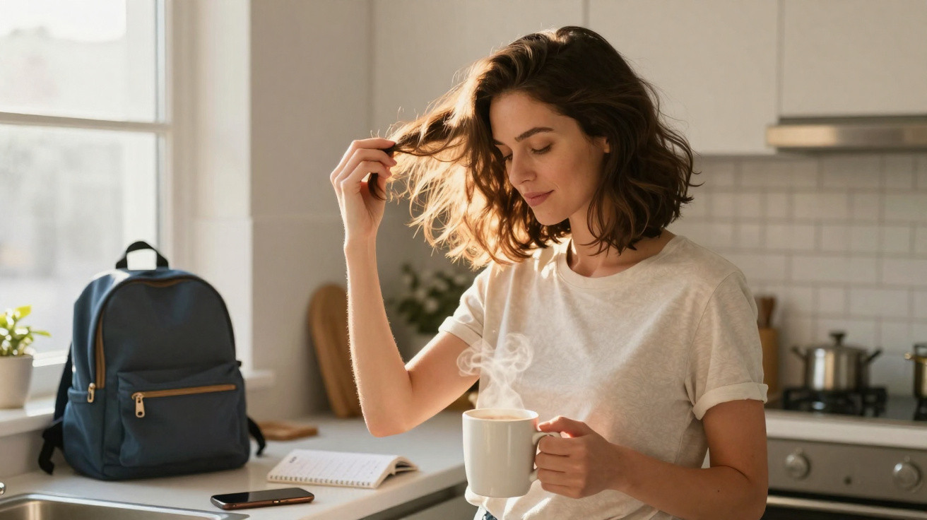 Mulher jovem com cabelo castanho, de branco, segurando uma caneca quente numa cozinha luminosa.