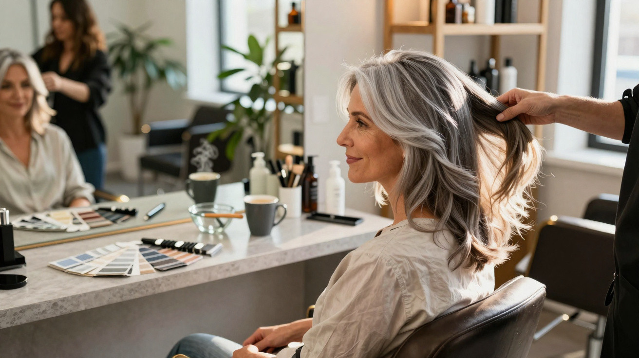 Mulher com cabelo grisalho num salão de cabeleireiro a ser penteada, sentada frente a um espelho.