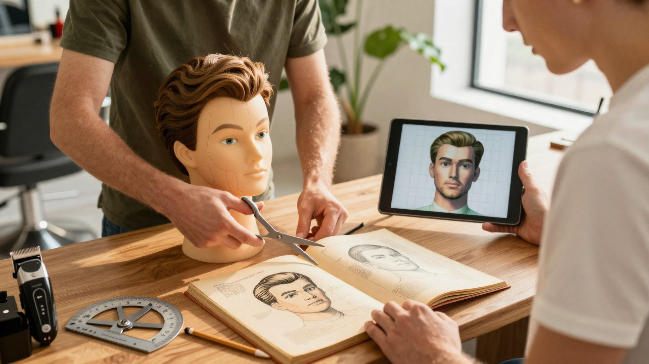 Pessoa recortando desenho de cabelo em página de livro com manequim e tablet à frente numa mesa de madeira.