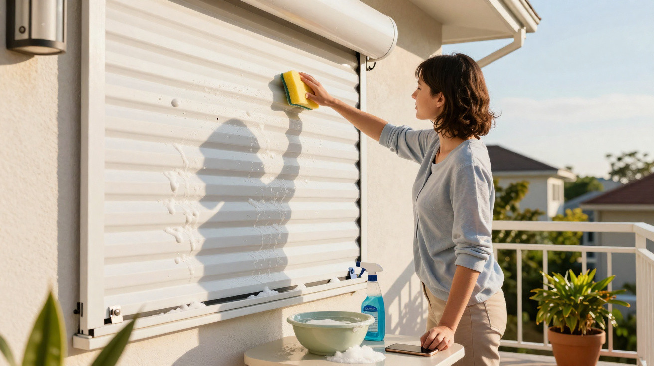 Mulher lava persiana branca com esponja num terraço com plantas e vista para casas ao fundo.