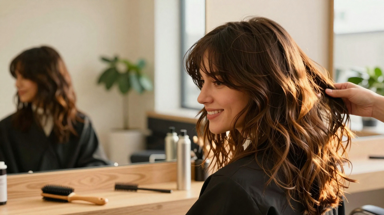 Mulher sorridente no cabeleireiro tem o cabelo escovado, com mão a segurar os cabelos ondulados castanhos.