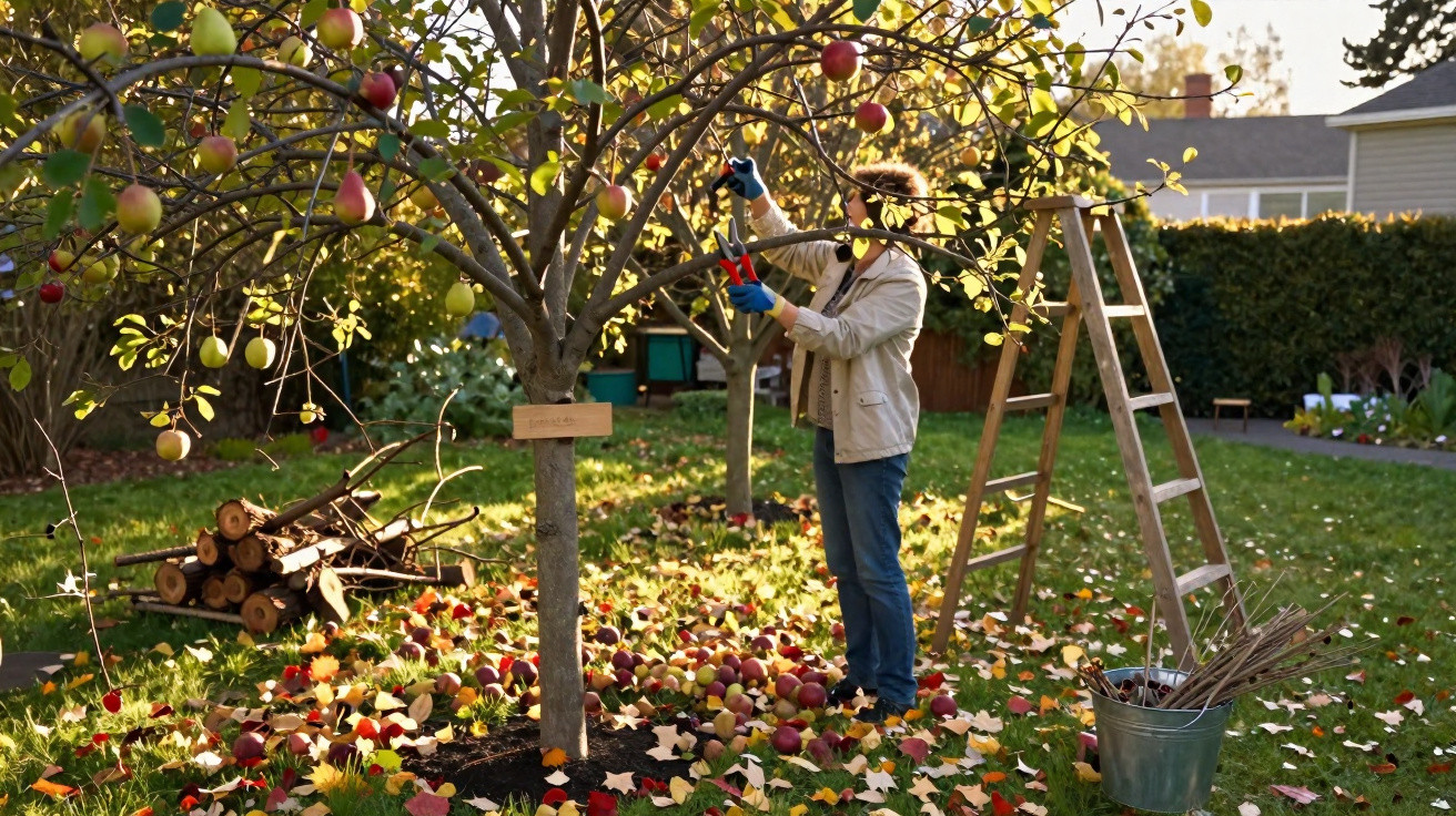 Pessoa a podar maçã numa árvore num jardim com folhas caídas e maçãs no chão.
