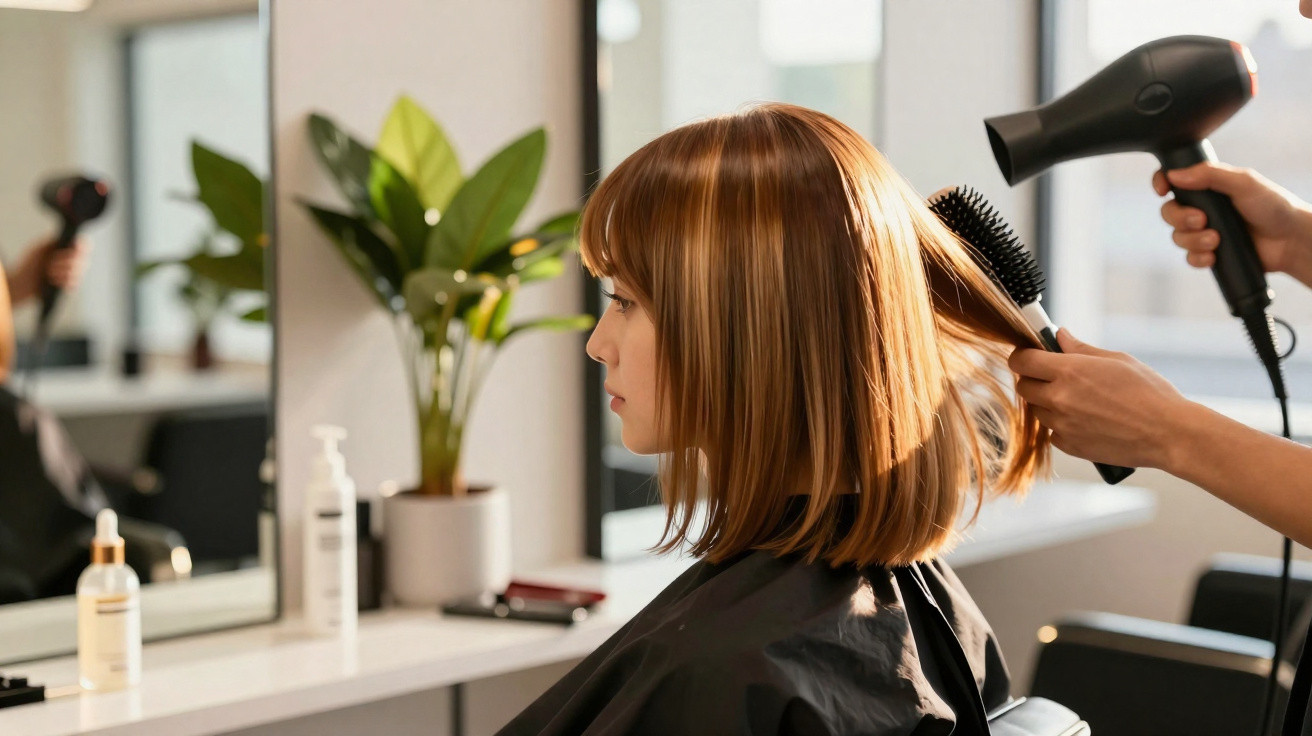 Mulher com cabelo curto castanho a ser secado com um secador por um cabeleireiro num salão moderno.