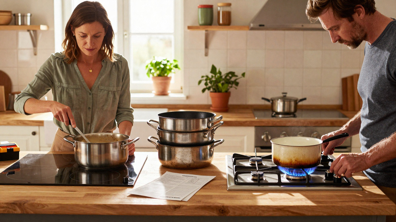 Casal a cozinhar juntos numa cozinha moderna com utensílios e plantas na bancada de madeira.