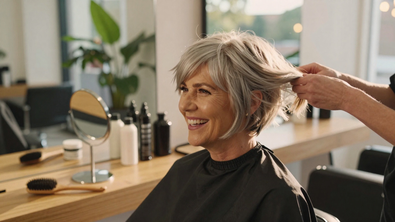 Mulher sorridente a cortar cabelo curto cinza num salão de cabeleireiro moderno e iluminado.