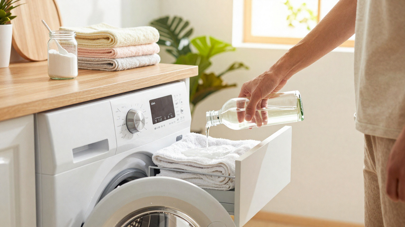 Pessoa a verter detergente em máquina de lavar roupa branca numa divisão com luz natural.