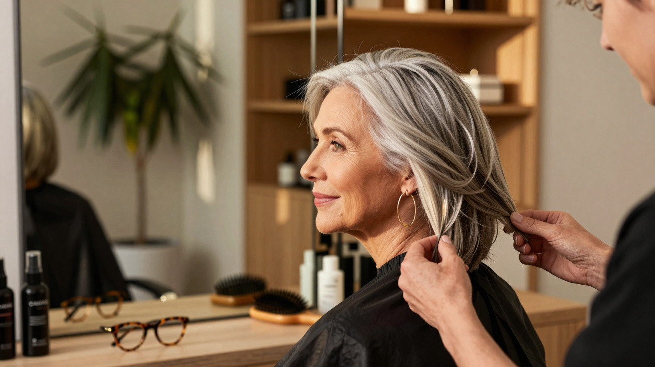 Mulher de cabelo grisalho a ser penteada por cabeleireiro num salão de cabeleireiro moderno.