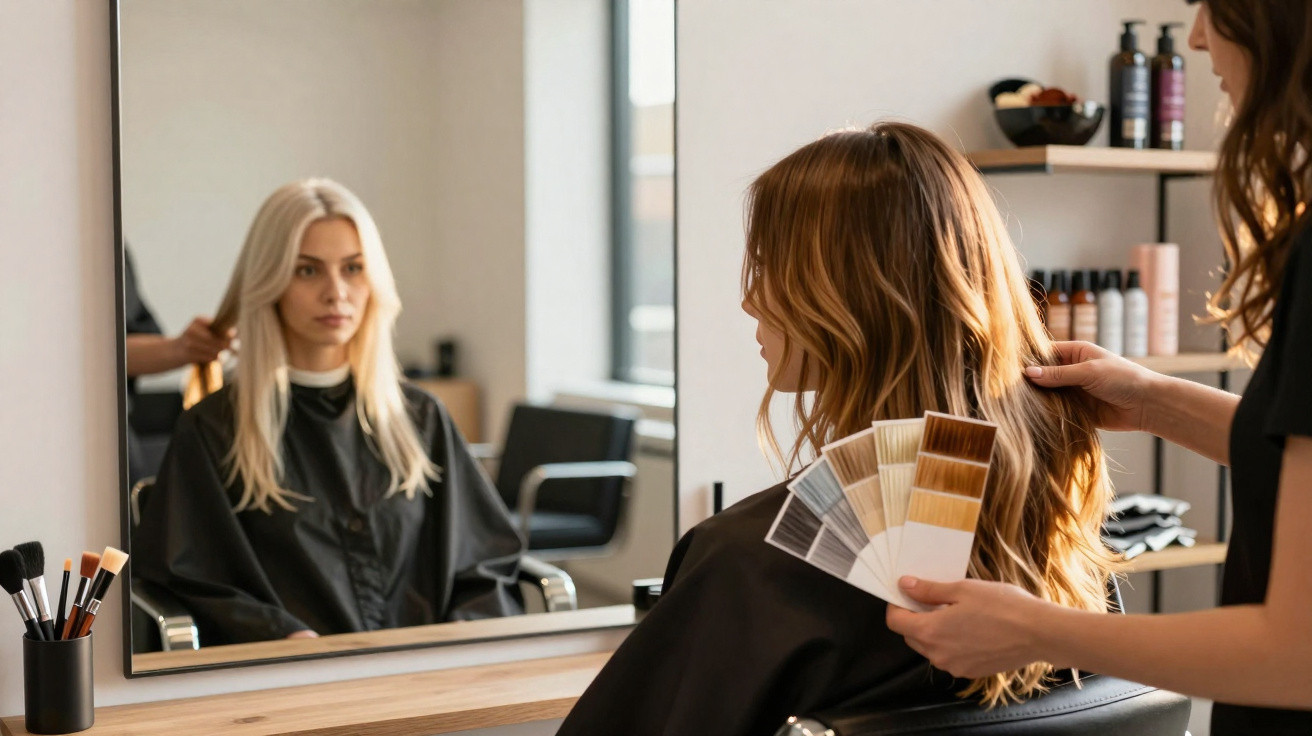 Mulher a escolher cor de cabelo com cabeleireira numa cadeira de salão frente a um espelho.