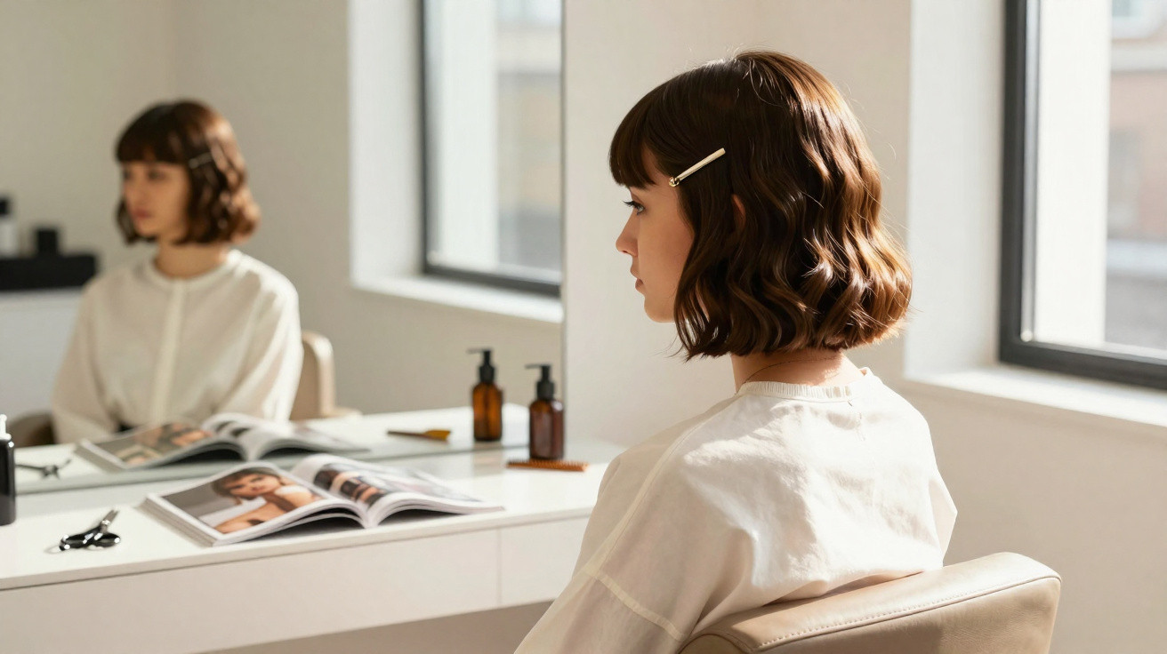Mulher com cabelo castanho ondulado sentado diante de um espelho num salão de cabeleireiro.