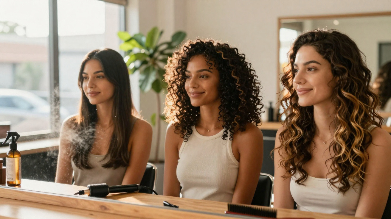 Três mulheres com cabelo encaracolado e ondulado sentadas num salão de cabeleireiro, com ferramentas na mesa.