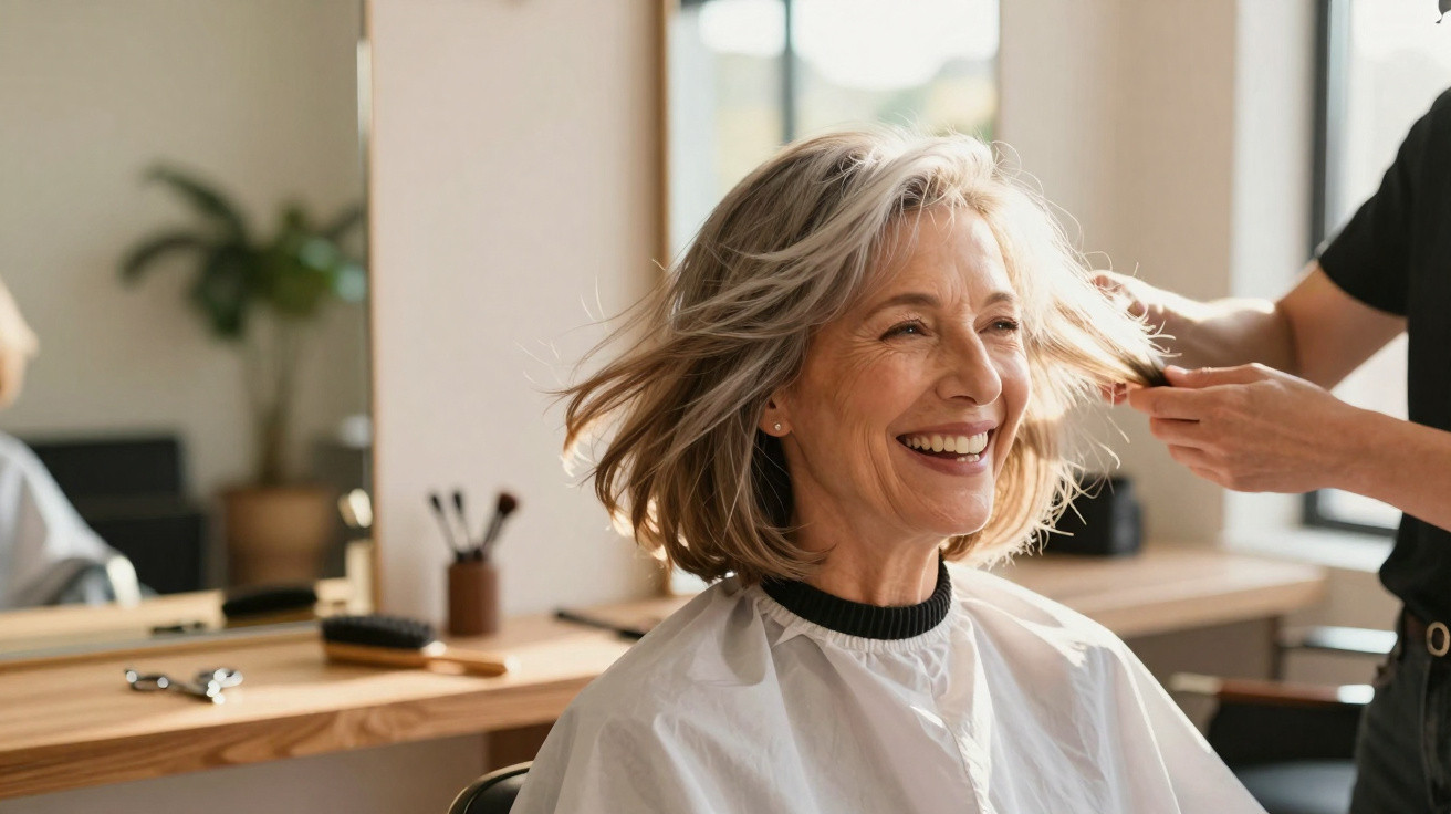Mulher sorridente a receber corte de cabelo num salão de cabeleireiro, com luz natural e ambiente acolhedor.