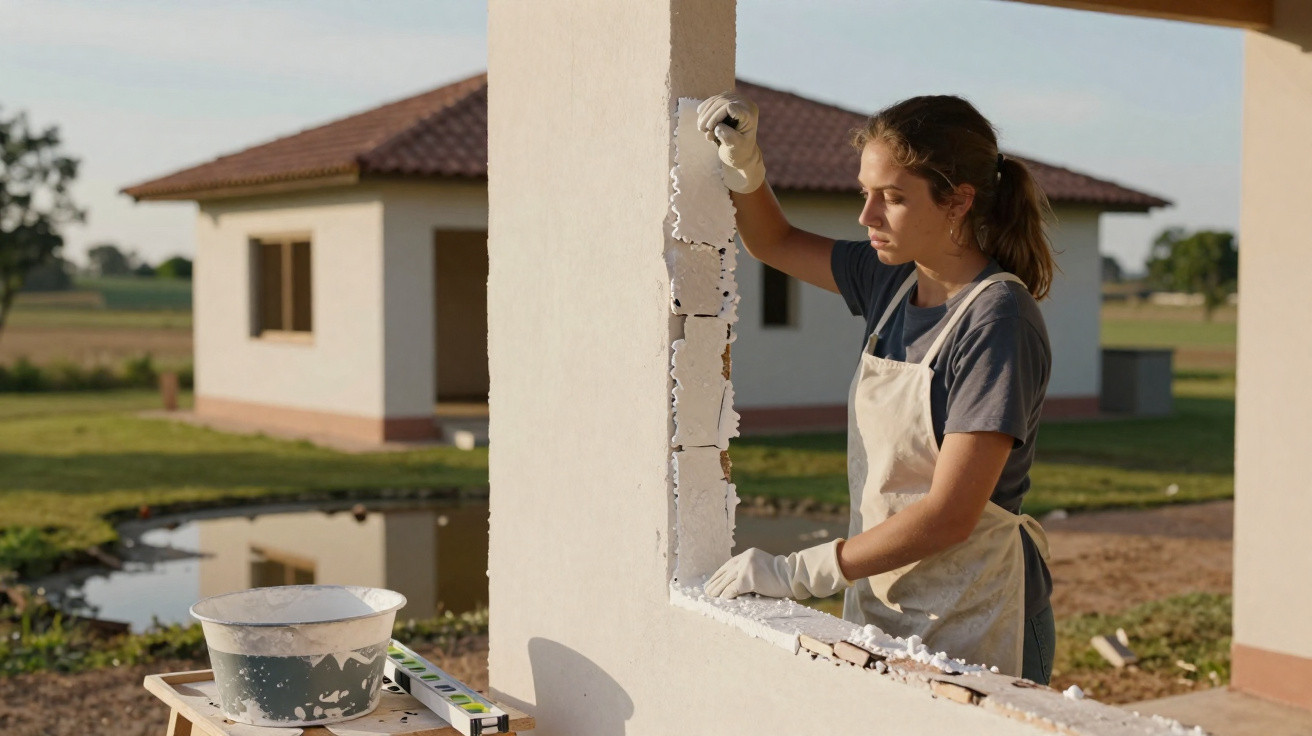 Mulher a trabalhar na construção, a retirar reboco de uma parede com luvas brancas numa habitação rural.