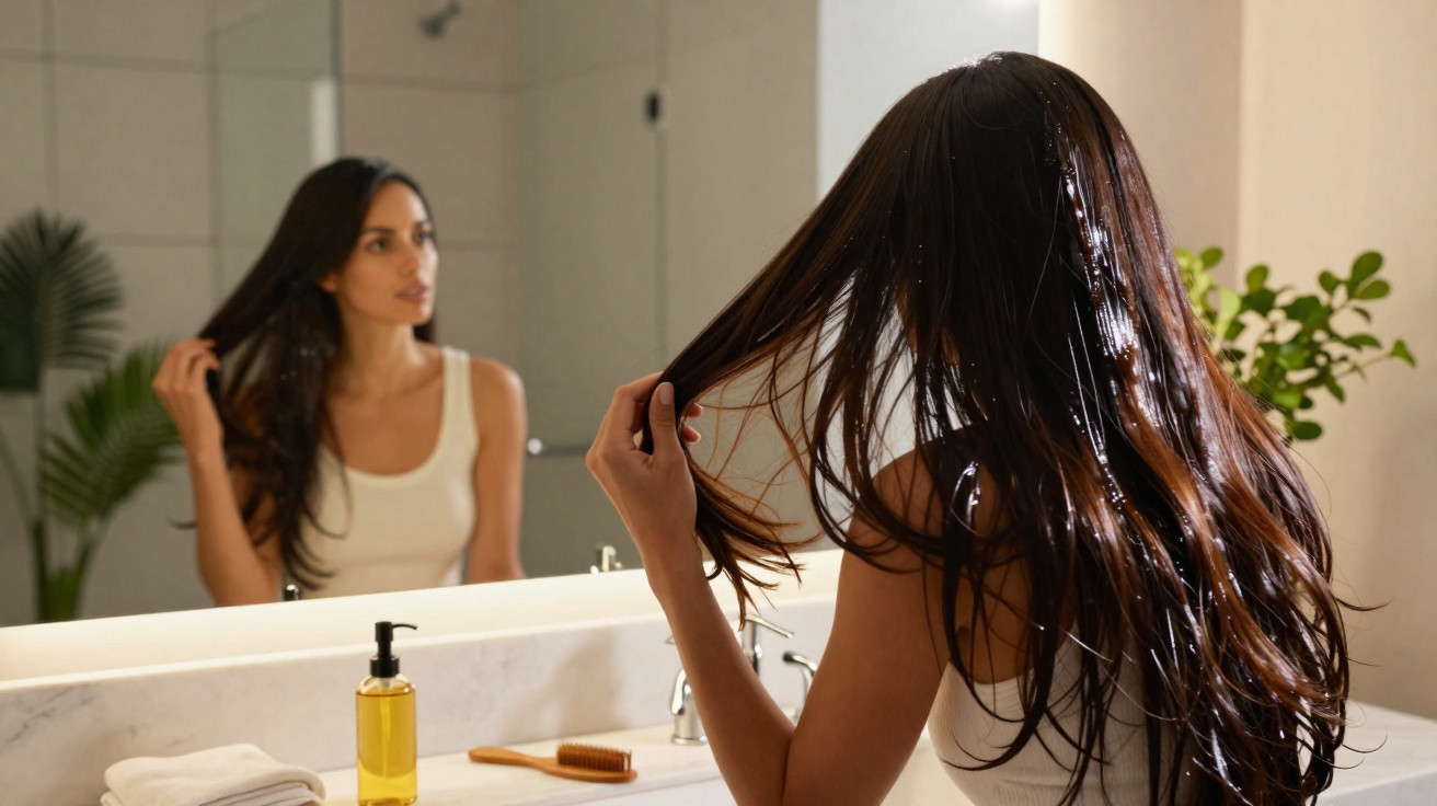 Mulher com camisola branca penteia o cabelo longo espelhado numa casa de banho iluminada.