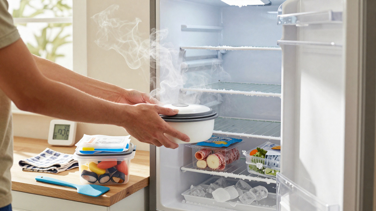Pessoa a colocar recipiente quente a libertar vapor numa arca frigorífica aberta, com alimentos visíveis no interior.