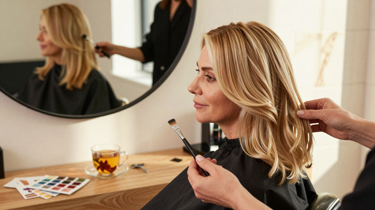 Mulher loira sentada num salão de beleza a receber maquilhagem e penteado profissional.