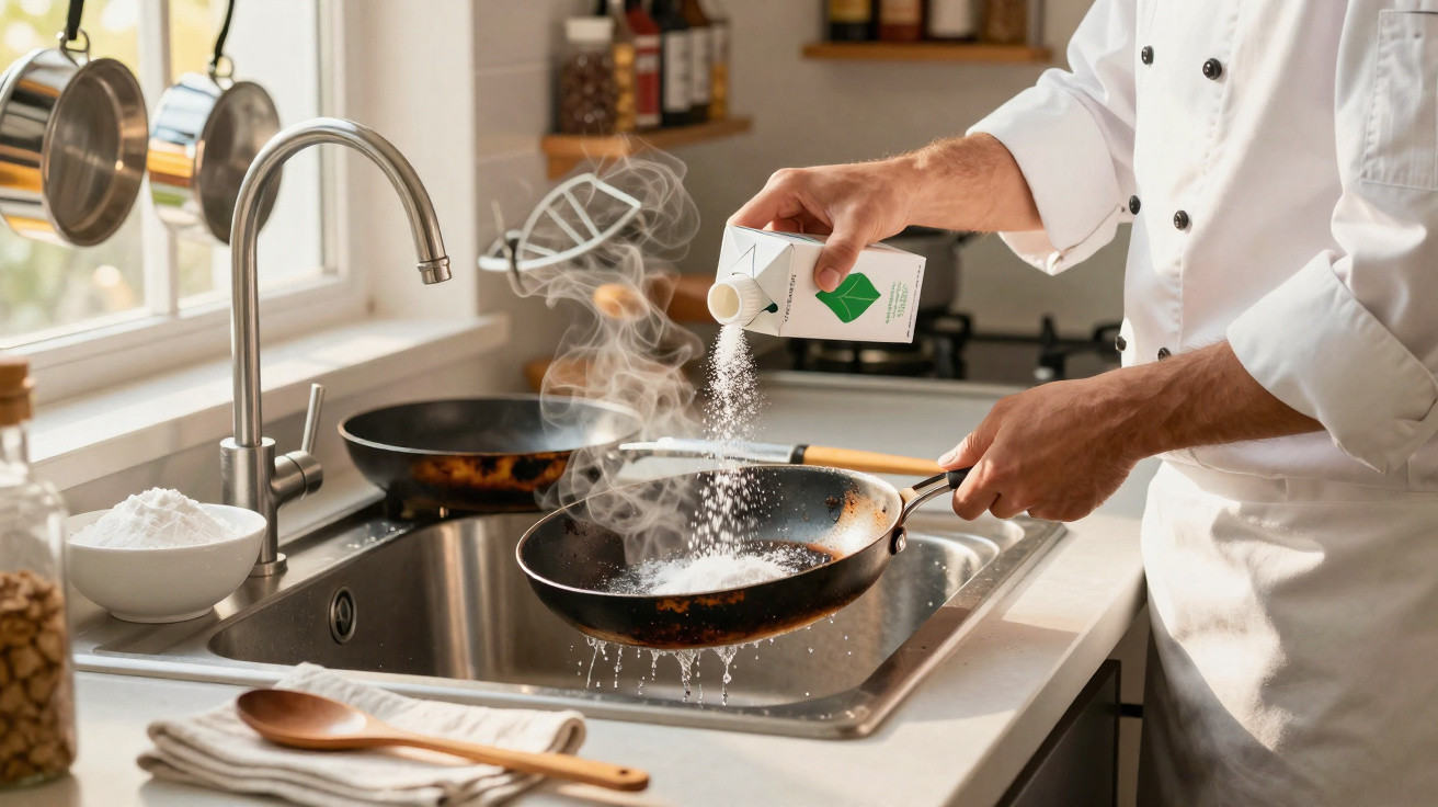Chef a polvilhar sal em frigideira com vapor na cozinha moderna perto da pia e utensílios.