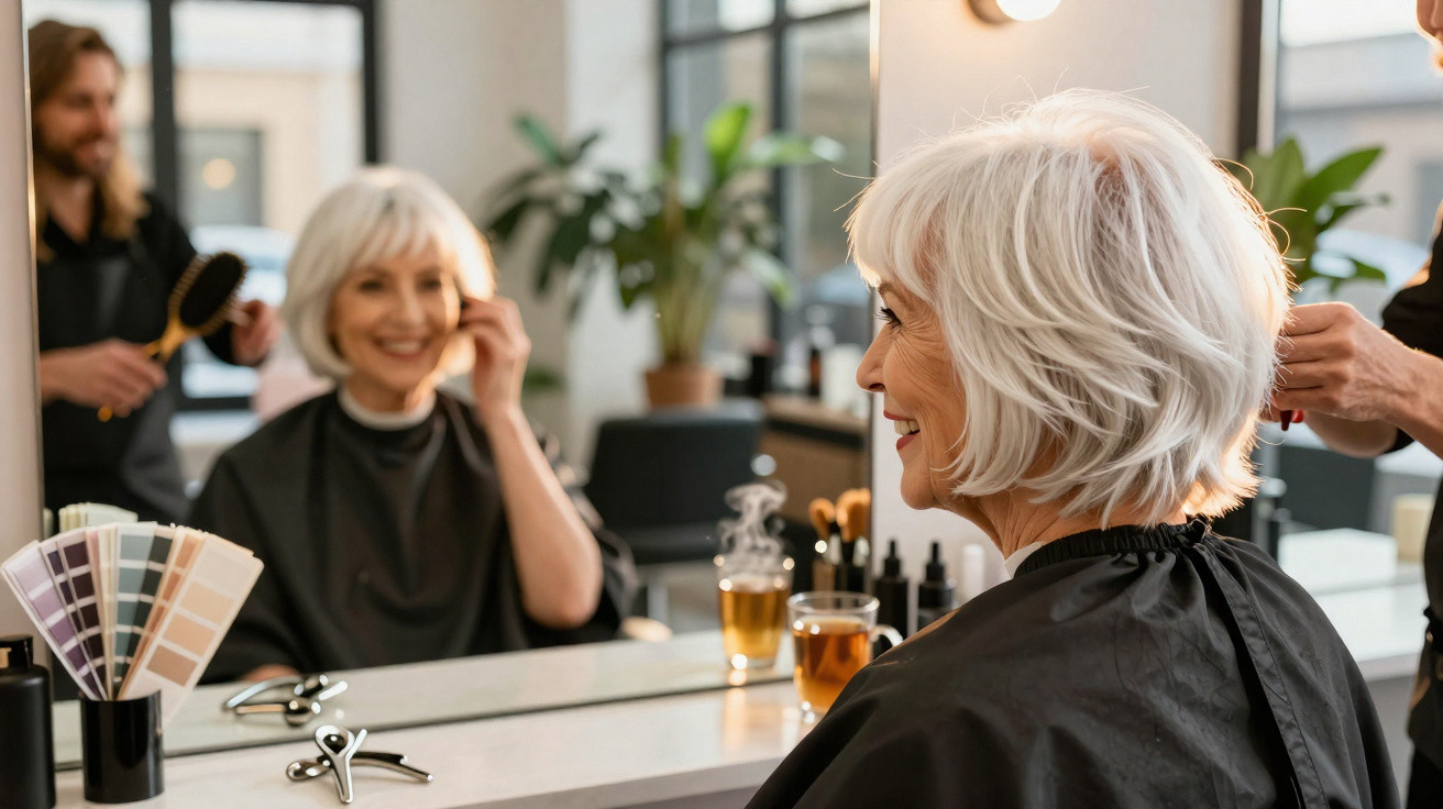 Mulher idosa com cabelo branco sorridente sentada na cadeira do cabeleireiro, a receber tratamento capilar.