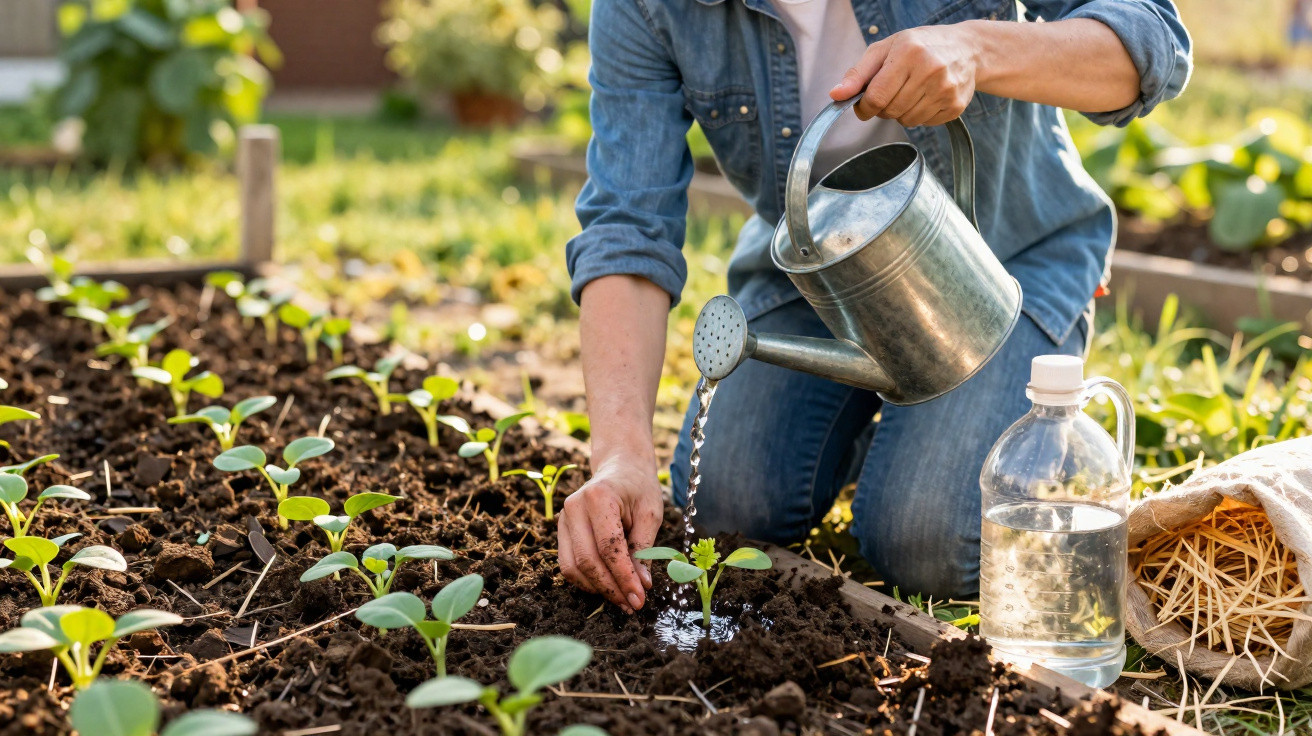 Pessoa a regar plantas jovens num jardim, usando um regador metálico, com garrafa plástica ao lado.