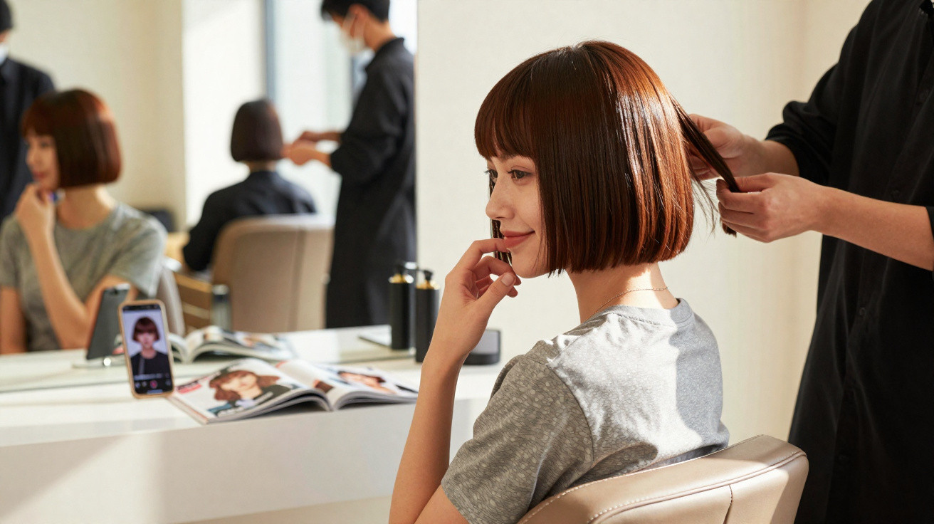 Mulher no salão de cabeleireiro a experimentar novo corte de cabelo enquanto conversa ao telefone.
