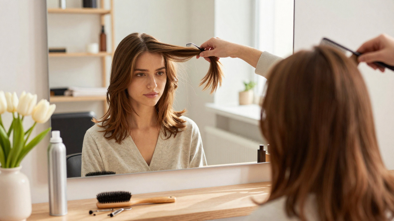Mulher a pentear o cabelo castanho médio, olhando para o espelho num quarto iluminado e com flores brancas.