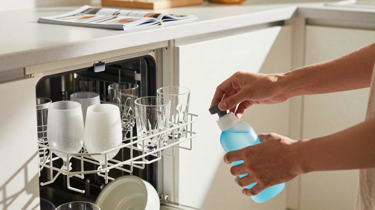 Mãos a colocar detergente azul numa máquina de lavar loiça cheia de copos e taças transparentes.