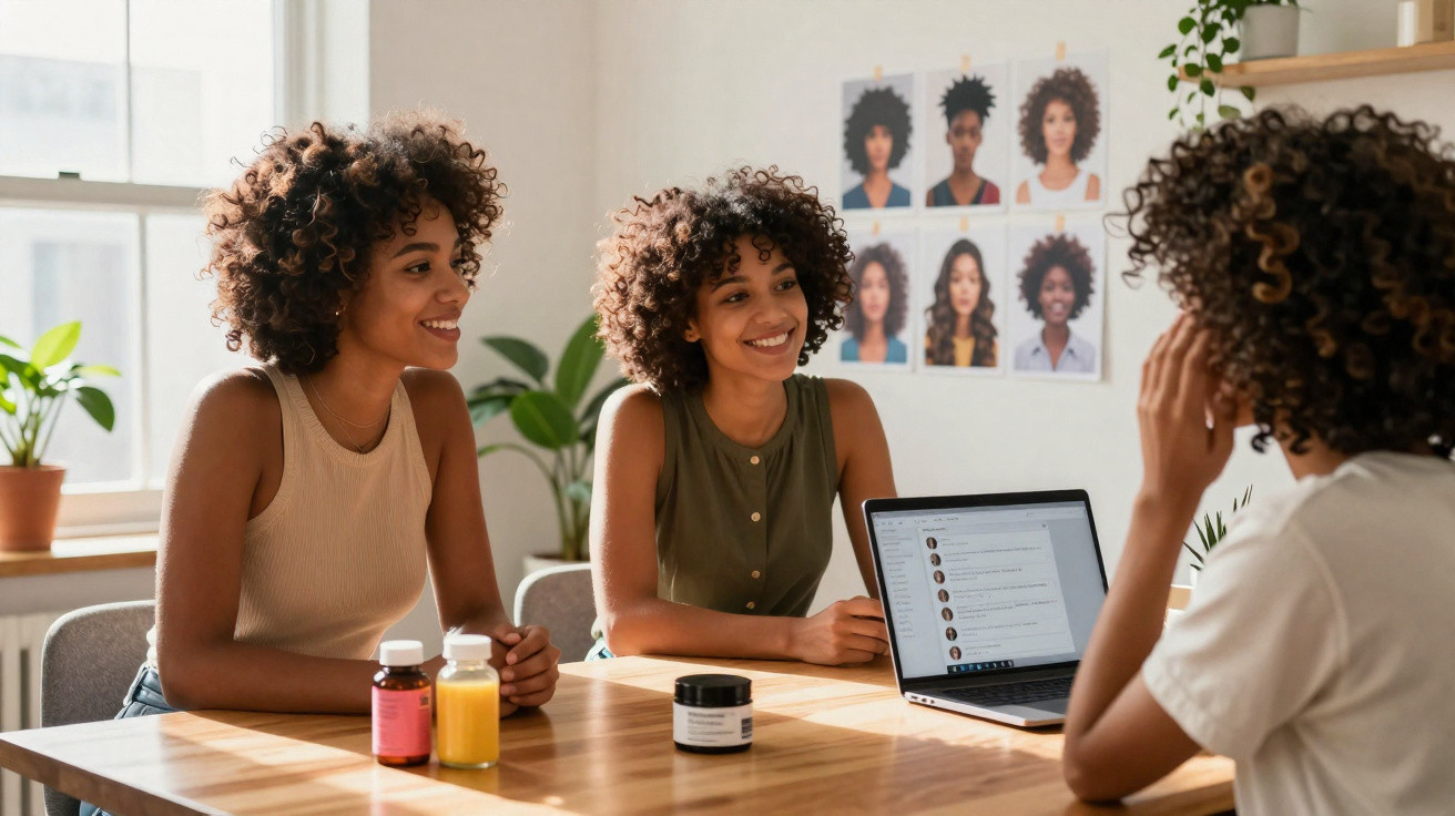 Três mulheres com cabelo encaracolado sentadas à mesa a conversar, com frascos de cosméticos e um portátil.