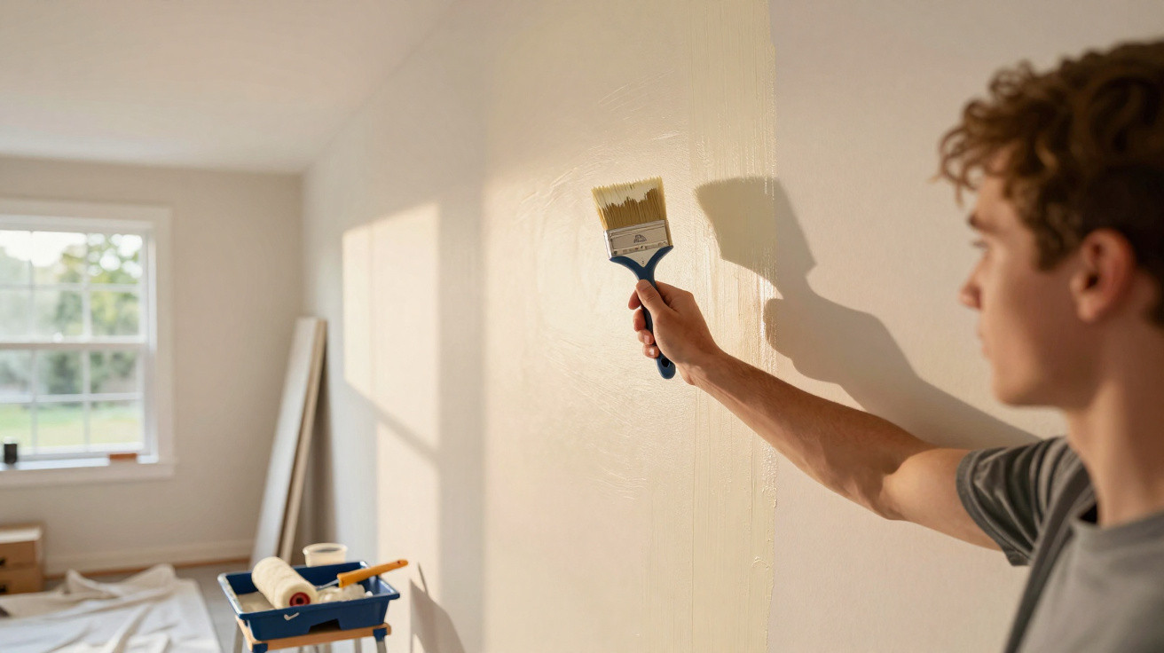 Pessoa a pintar uma parede interior de cor clara com pincel numa divisão iluminada por janela.