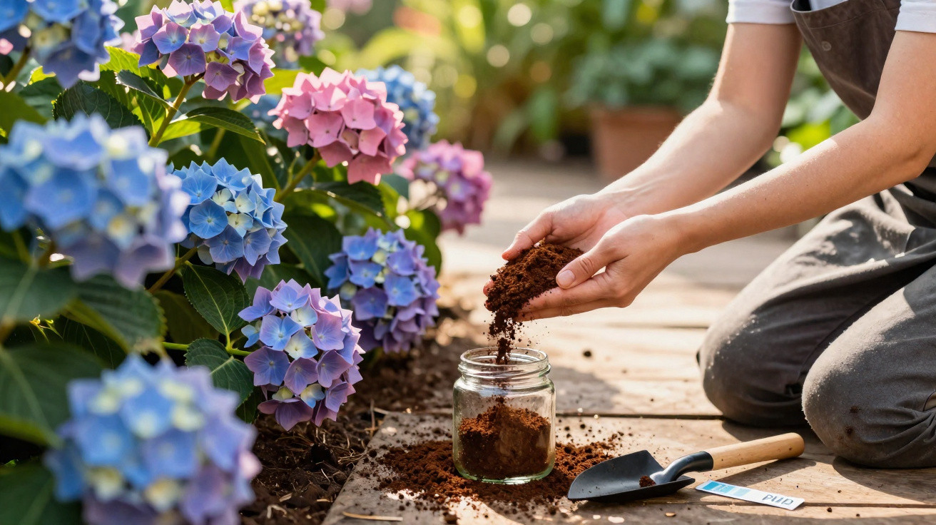 Mãos a colocar terra num frasco ao lado de flores coloridas num jardim em dia ensolarado.
