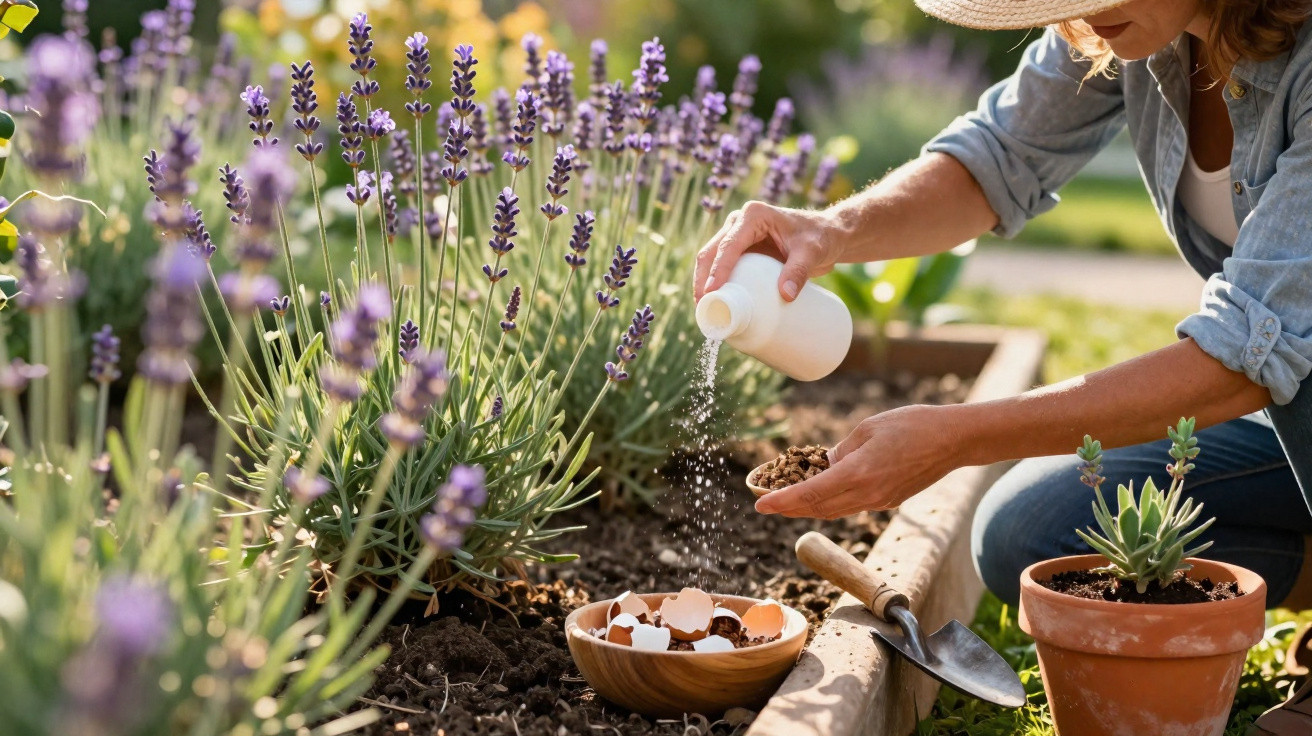 Pessoa a adubar plantas de lavanda num jardim, com tigela de cascas de ovos e pequenas mudas à sua frente.