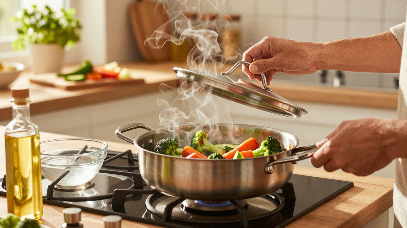 Mãos a levantar tampa de panela com legumes a cozinhar no fogão a gás numa cozinha luminosa.