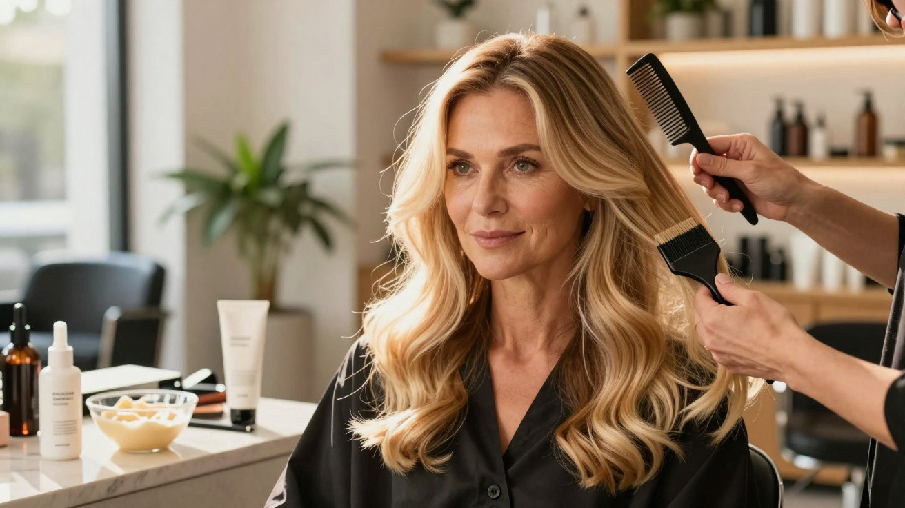Mulher com cabelo comprido loiro a ser penteada num salão de beleza moderno.