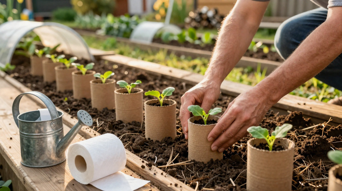 Mãos a plantar pequenas plantas em vasos biodegradáveis numa estufa com regador metálico ao lado.
