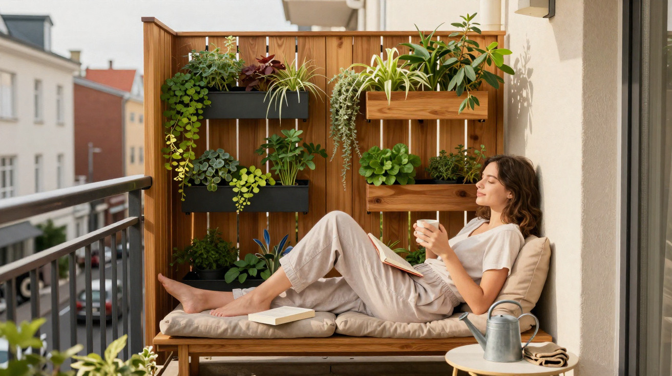Mulher relaxa num banco de varanda com plantas, a beber chá e ler um livro numa manhã soalheira.
