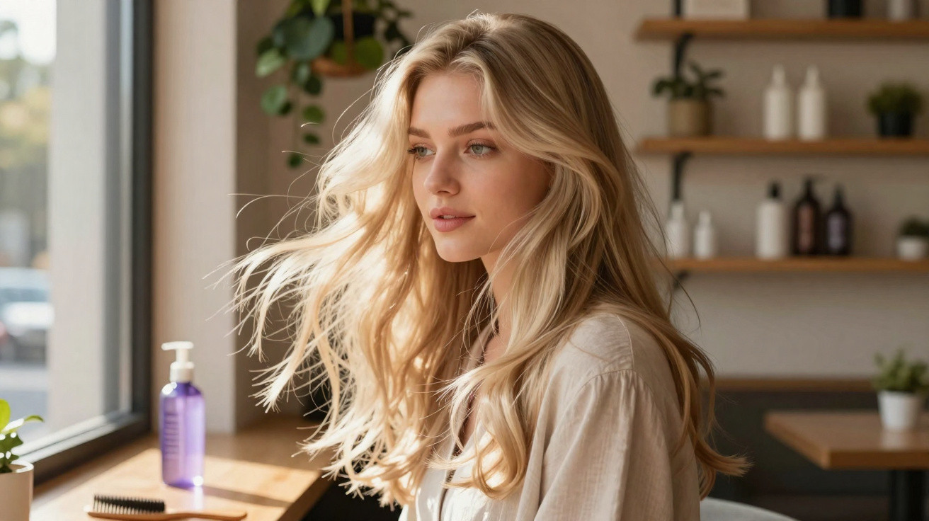Mulher loira sentada próximo a janela, cabelo ao vento, num ambiente com estantes e plantas decorativas.