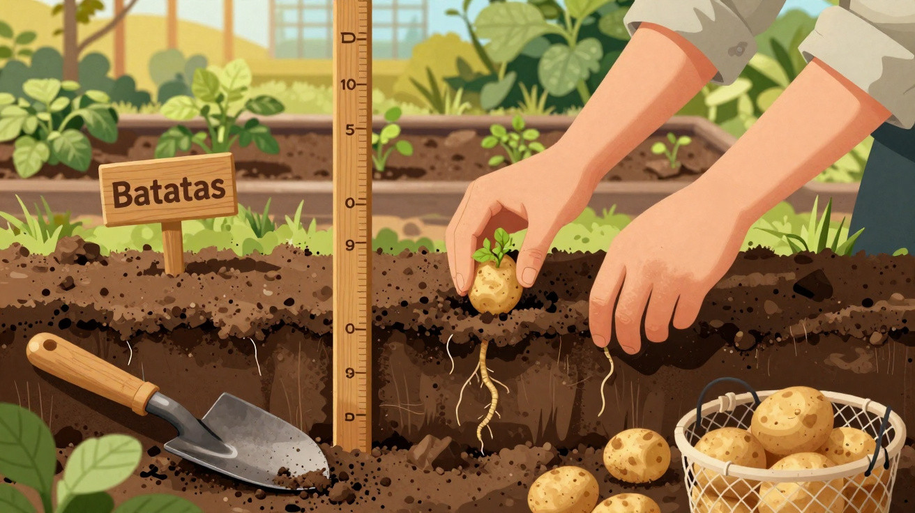 Pessoa a colher batatas no solo de uma horta, com pá, régua e cesta ao lado.