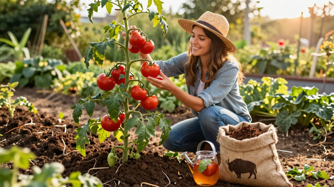 Mulher sorridente colhe tomates maduros numa horta ao ar livre ao entardecer, rodeada de plantas verdes.
