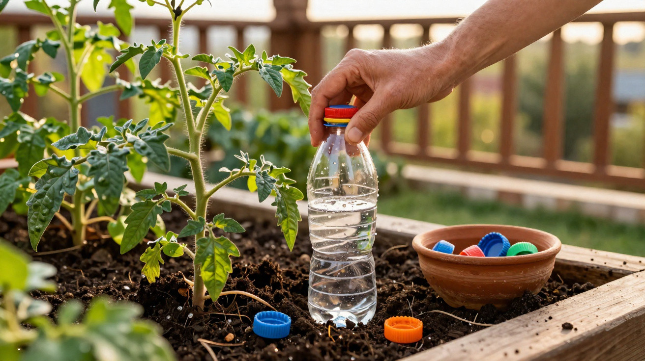 Pessoa a usar garrafa plástica para regar planta num canteiro com tampas coloridas próximas.