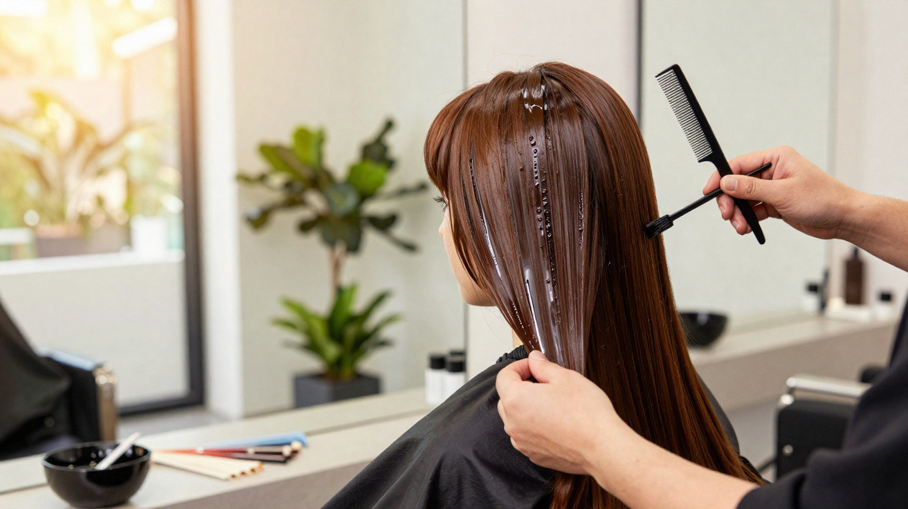 Cabeleireiro aplicando tratamento capilar em cabelo castanho comprido num salão moderno e iluminado.